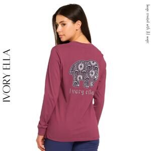 IVORY ELLA Maroon Long Sleeve Paisley Elephant Tee, XS